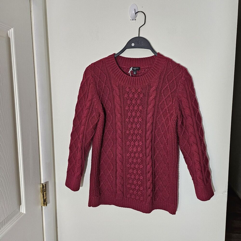 TALBOTS Sweater PS Cable Knit Cotton Wool Blend Long Sleeve Pullover Maroon